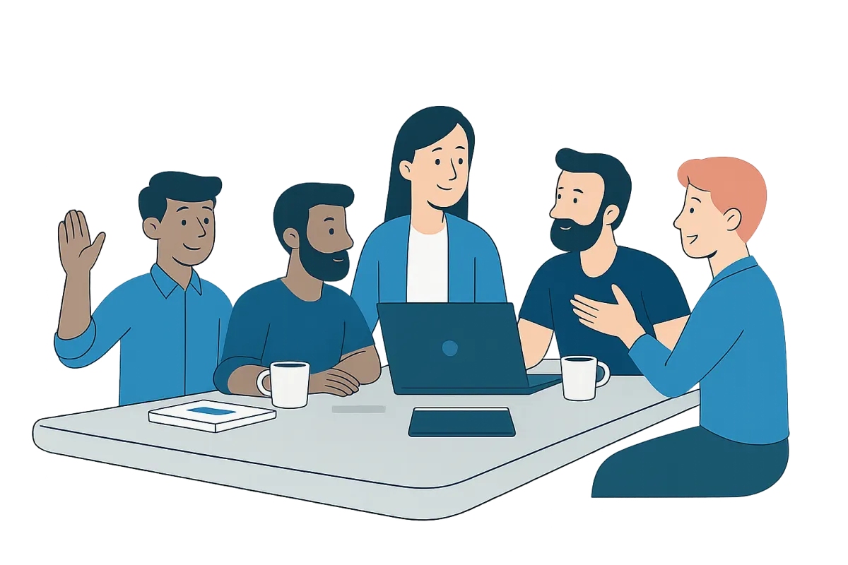 Illustration of a team collaborating around a laptop